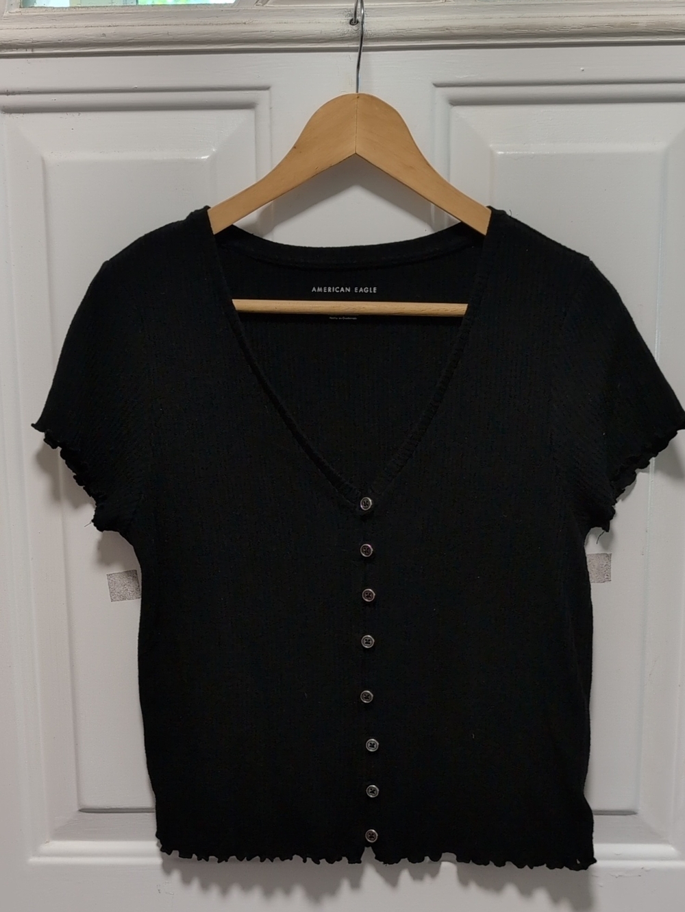 American Eagle Outfitters Black Short Sleeve Button-Front Ribbed Top